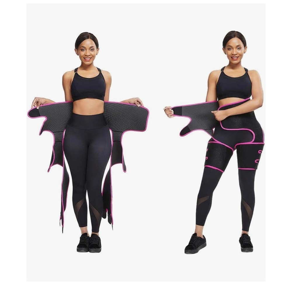 3-in-1 Waist Trainer Thigh Trimmer Sweat Wrap Body Shaper Black Pink Trim NEW - Picture 2 of 2